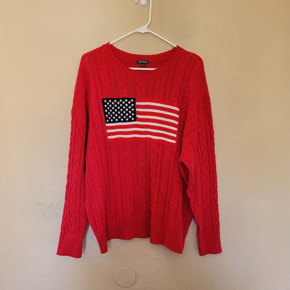 American Flag Cable Knit Sweater Womens Large Red 4th Of July Patriotic USA